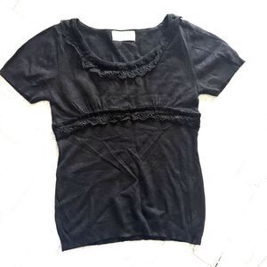 Womens Black Short Sleeve Ruffled Round Neckline Gathered Bust Knit Top No Sz
